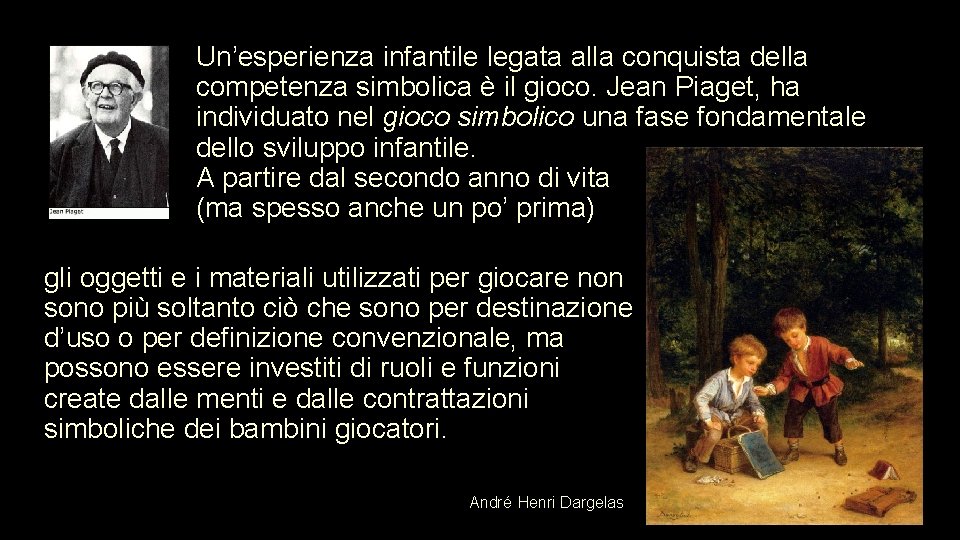 Un’esperienza infantile legata alla conquista della competenza simbolica è il gioco. Jean Piaget, ha