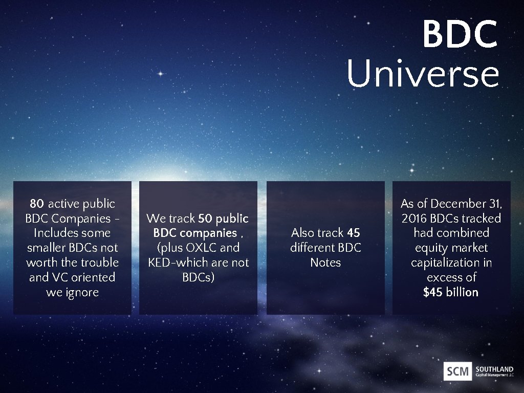 BDC Universe 80 active public BDC Companies Includes some smaller BDCs not worth the