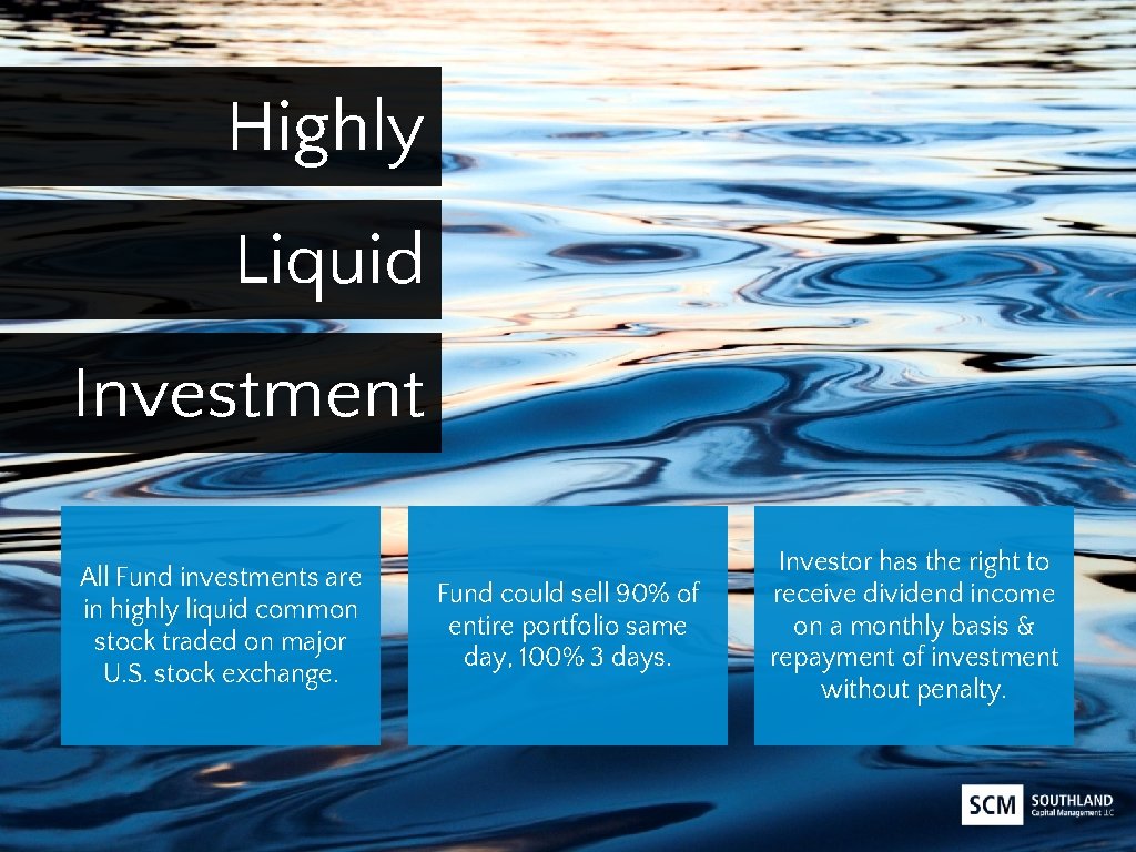 Highly Liquid Investment All Fund investments are in highly liquid common stock traded on