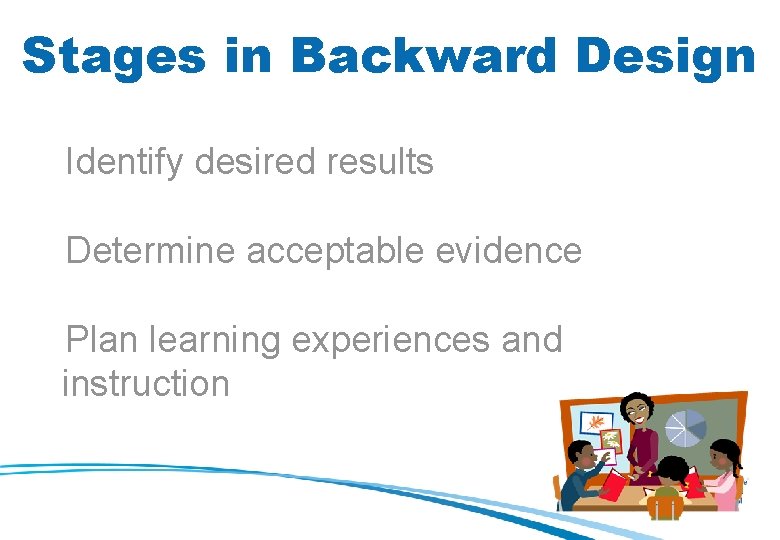 Stages in Backward Design 1. Identify desired results 2. Determine acceptable evidence 3. Plan