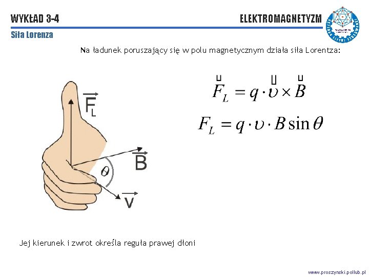 WYKŁAD 3 -4 ELEKTROMAGNETYZM Siła Lorenza Na ładunek poruszający się w polu magnetycznym działa