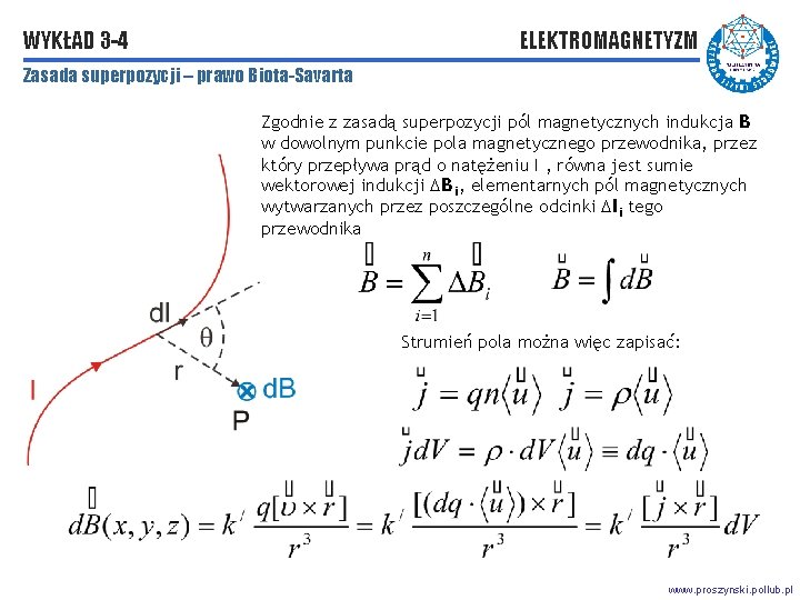 WYKŁAD 3 -4 ELEKTROMAGNETYZM Zasada superpozycji – prawo Biota-Savarta Zgodnie z zasadą superpozycji pól