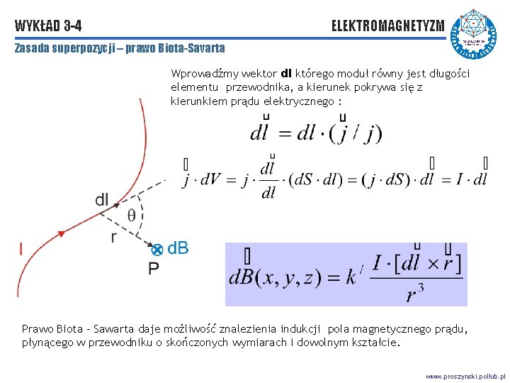 WYKŁAD 3 -4 ELEKTROMAGNETYZM Zasada superpozycji – prawo Biota-Savarta Wprowadźmy wektor dl którego moduł