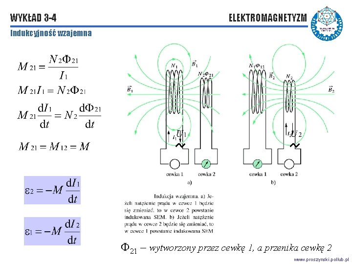 WYKŁAD 3 -4 ELEKTROMAGNETYZM Indukcyjność wzajemna F 21 – wytworzony przez cewkę 1, a