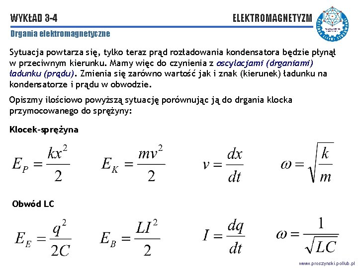 WYKŁAD 3 -4 ELEKTROMAGNETYZM Drgania elektromagnetyczne Sytuacja powtarza się, tylko teraz prąd rozładowania kondensatora