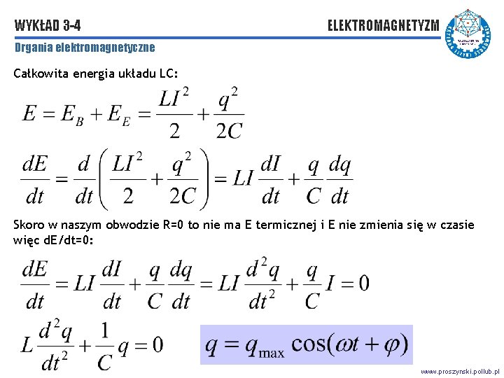 WYKŁAD 3 -4 ELEKTROMAGNETYZM Drgania elektromagnetyczne Całkowita energia układu LC: Skoro w naszym obwodzie