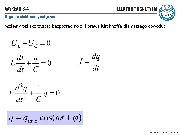 WYKŁAD 3 -4 ELEKTROMAGNETYZM Drgania elektromagnetyczne Możemy też skorzystać bezpośrednio z II prawa Kirchhoffa