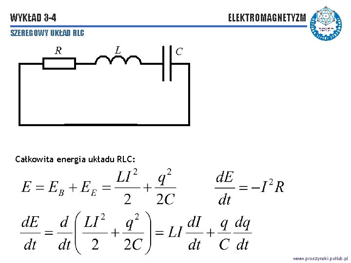 WYKŁAD 3 -4 ELEKTROMAGNETYZM SZEREGOWY UKŁAD RLC Całkowita energia układu RLC: www. proszynski. pollub.