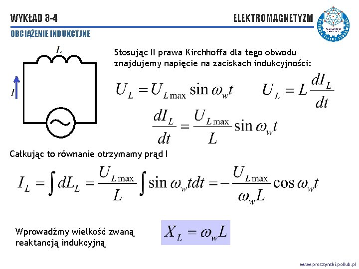 WYKŁAD 3 -4 ELEKTROMAGNETYZM OBCIĄŻENIE INDUKCYJNE Stosując II prawa Kirchhoffa dla tego obwodu znajdujemy