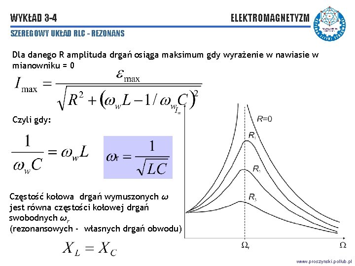 WYKŁAD 3 -4 ELEKTROMAGNETYZM SZEREGOWY UKŁAD RLC - REZONANS Dla danego R amplituda drgań