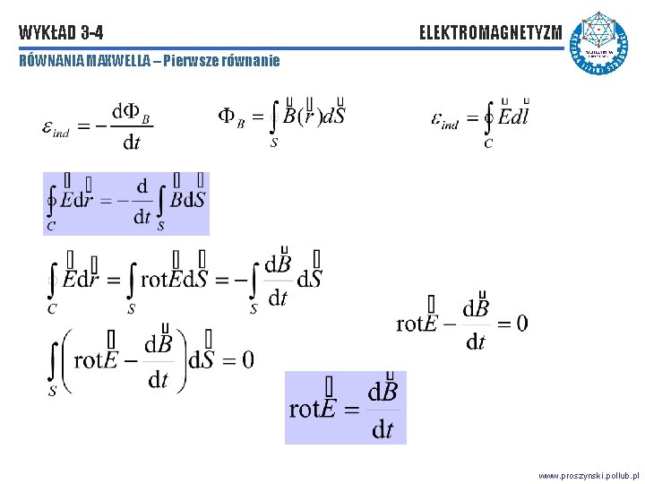 WYKŁAD 3 -4 ELEKTROMAGNETYZM RÓWNANIA MAXWELLA – Pierwsze równanie www. proszynski. pollub. pl 