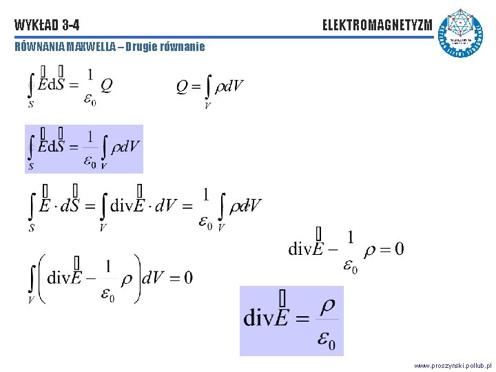 WYKŁAD 3 -4 ELEKTROMAGNETYZM RÓWNANIA MAXWELLA – Drugie równanie www. proszynski. pollub. pl 