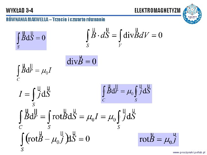 WYKŁAD 3 -4 ELEKTROMAGNETYZM RÓWNANIA MAXWELLA – Trzecie i czwarte równanie www. proszynski. pollub.