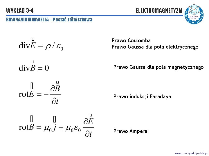 WYKŁAD 3 -4 ELEKTROMAGNETYZM RÓWNANIA MAXWELLA – Postać różniczkowa Prawo Coulomba Prawo Gaussa dla