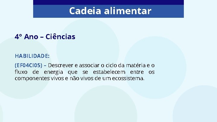 Cadeia alimentar 4° Ano – Ciências HABILIDADE: (EF 04 CI 05) – Descrever e Cadeia alimentar 4° Ano – Ciências HABILIDADE: (EF 04 CI 05) – Descrever e