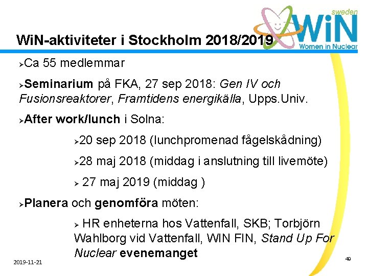 Wi. N-aktiviteter i Stockholm 2018/2019 Ca 55 medlemmar Ø Seminarium på FKA, 27 sep