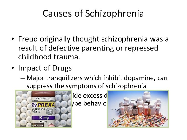 Causes of Schizophrenia • Freud originally thought schizophrenia was a result of defective parenting