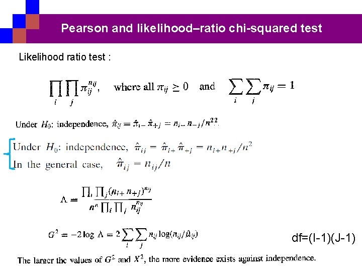Pearson and likelihood–ratio chi-squared test Likelihood ratio test : df=(I-1)(J-1) 