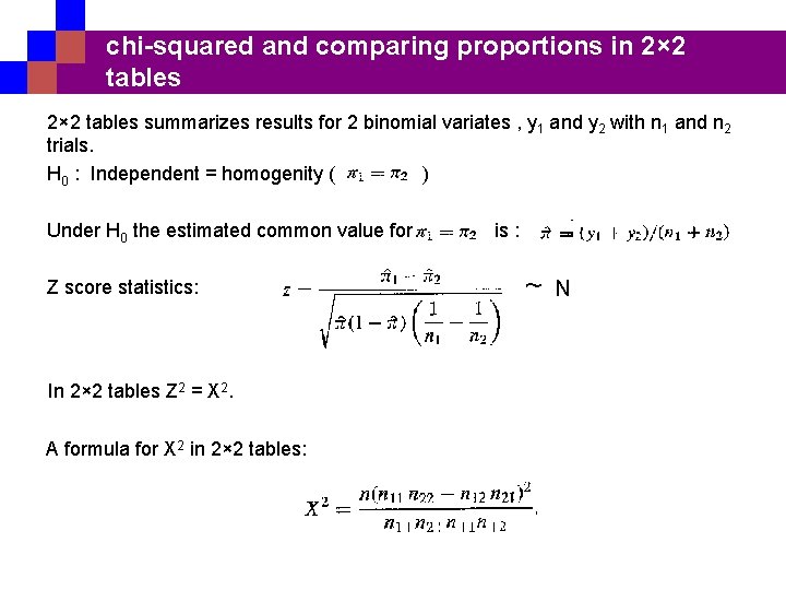 chi-squared and comparing proportions in 2× 2 tables summarizes results for 2 binomial variates
