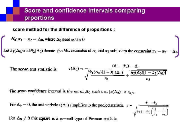 Score and confidence intervals comparing prportions score method for the difference of proportions :