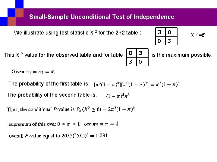 Small-Sample Unconditional Test of Independence We illustrate using test statistic X 2 for the