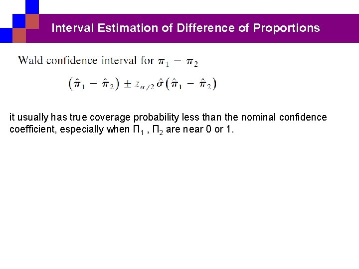 Interval Estimation of Difference of Proportions it usually has true coverage probability less than