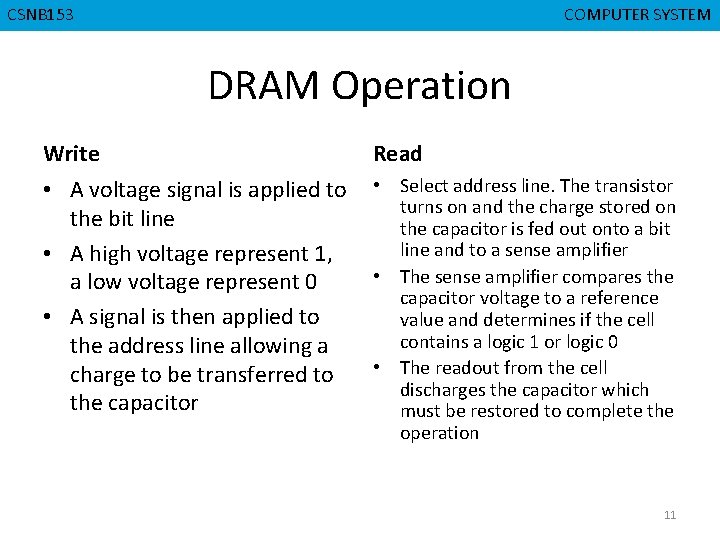 CMPD 223 CSNB 153 COMPUTER ORGANIZATION COMPUTER SYSTEM DRAM Operation Write Read • A