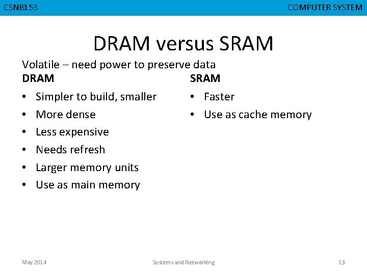 CMPD 223 CSNB 153 COMPUTER ORGANIZATION COMPUTER SYSTEM DRAM versus SRAM Volatile – need