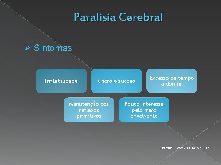 Paralisia Cerebral Sintomas Irritabilidade Choro e sucção Manutenção dos reflexos primitivos Excesso de tempo