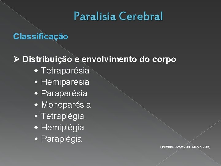 Paralisia Cerebral Classificação Distribuição e envolvimento do corpo Tetraparésia Hemiparésia Paraparésia Monoparésia Tetraplégia Hemiplégia