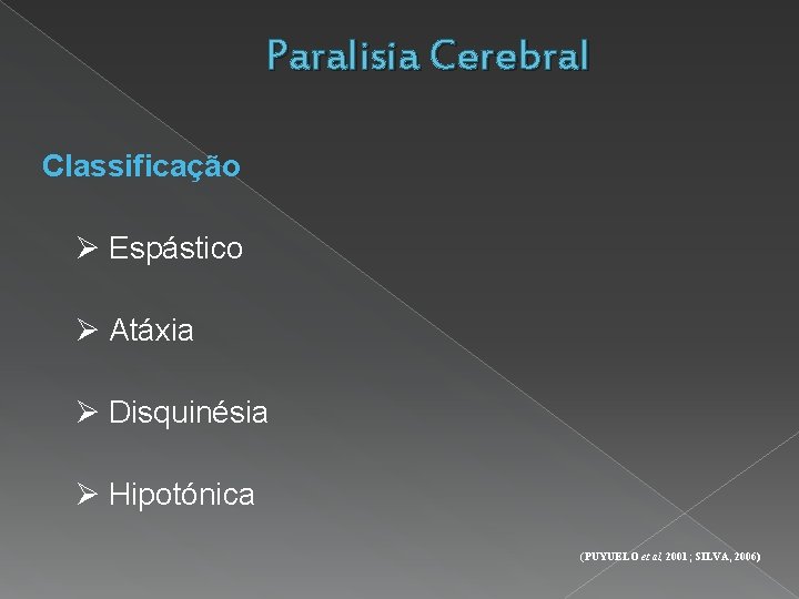 Paralisia Cerebral Classificação Espástico Atáxia Disquinésia Hipotónica (PUYUELO et al, 2001; SILVA, 2006) 