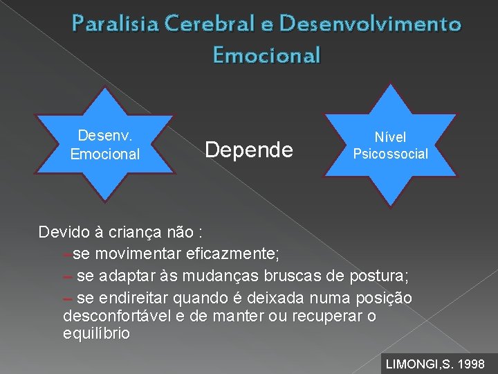 Paralisia Cerebral e Desenvolvimento Emocional Desenv. Emocional Depende Nível Psicossocial Devido à criança não