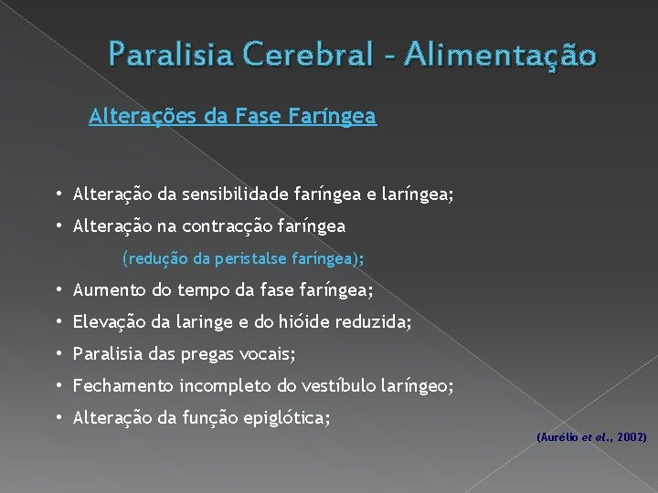 Paralisia Cerebral - Alimentação Alterações da Fase Faríngea • Alteração da sensibilidade faríngea e