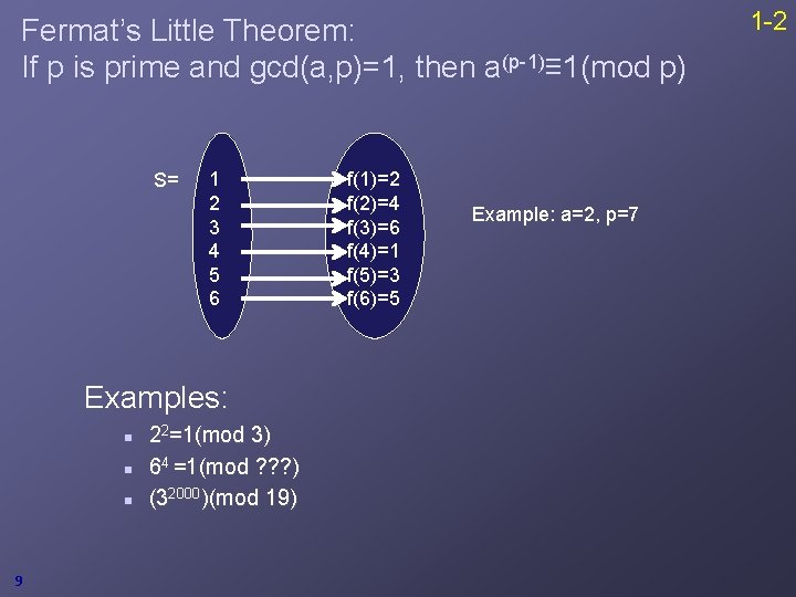 Fermat’s Little Theorem: If p is prime and gcd(a, p)=1, then a(p-1)≡ 1(mod p)