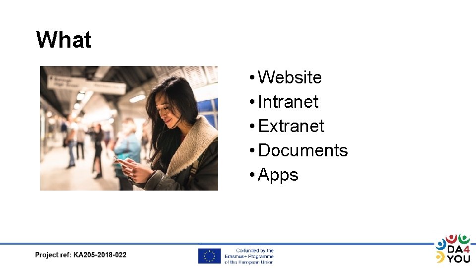 What • Website • Intranet • Extranet • Documents • Apps 