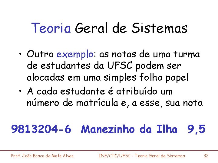 Teoria Geral de Sistemas • Outro exemplo: as notas de uma turma de estudantes