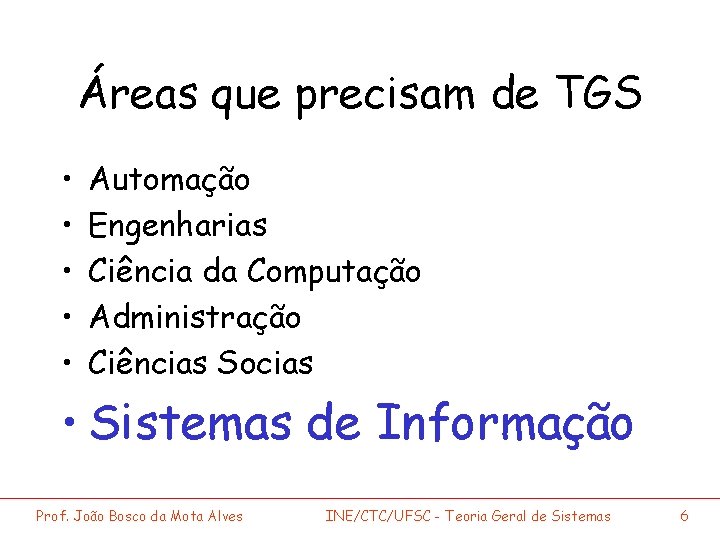 Áreas que precisam de TGS • • • Automação Engenharias Ciência da Computação Administração