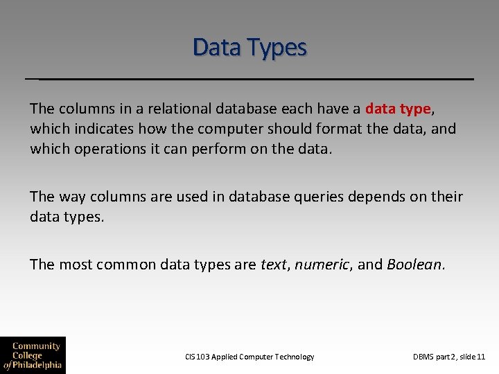 Data Types The columns in a relational database each have a data type, which