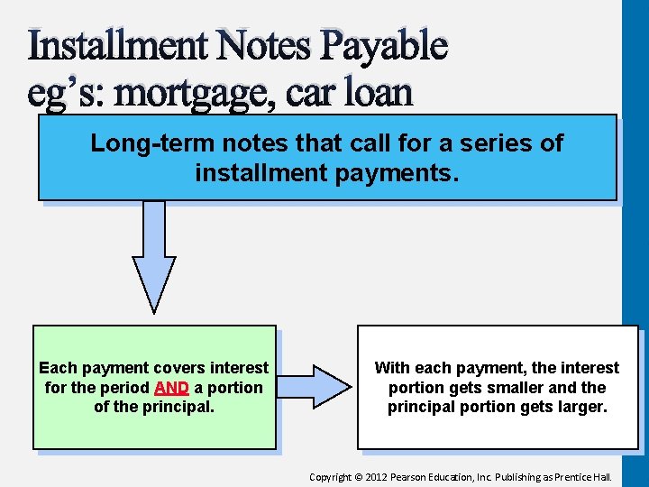 Installment Notes Payable eg’s: mortgage, car loan Long-term notes that call for a series