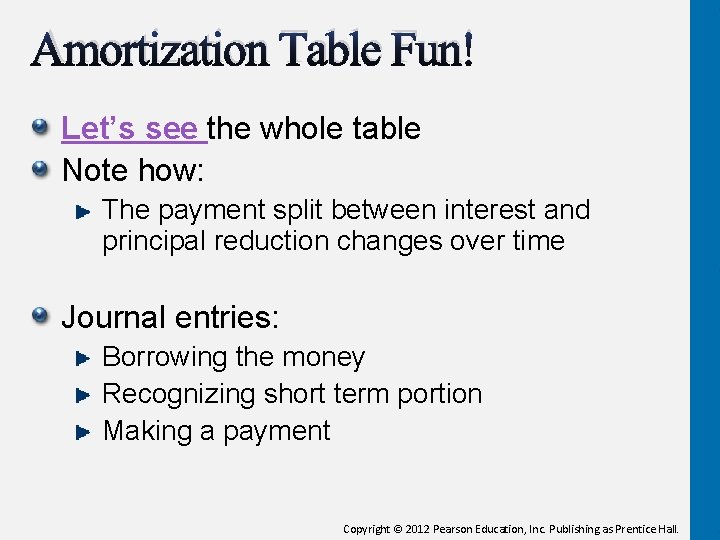 Amortization Table Fun! Let’s see the whole table Note how: The payment split between