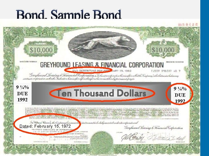 Bond, Sample Bond $10, 000 9 ¼% DUE 1992 $10, 000 Ten Thousand Dollars