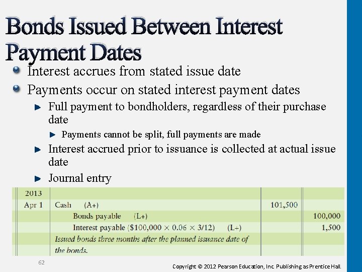 Bonds Issued Between Interest Payment Dates Interest accrues from stated issue date Payments occur