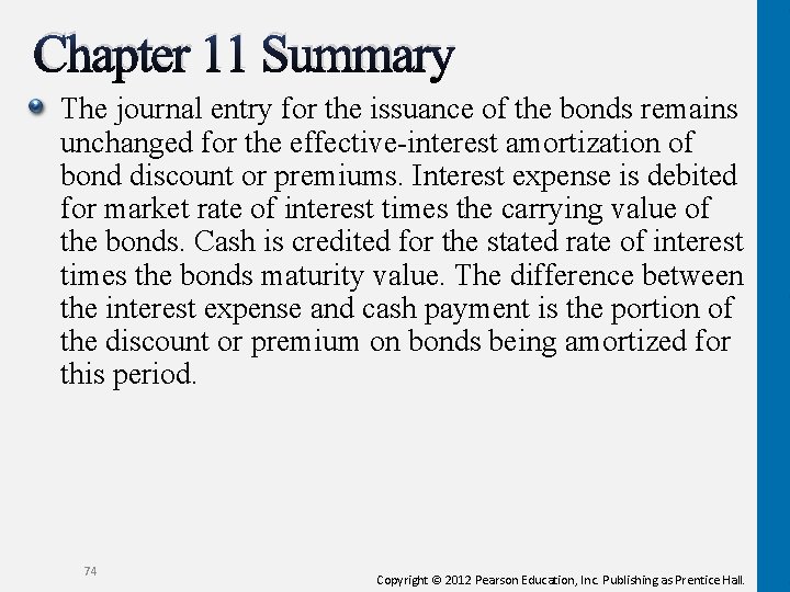 Chapter 11 Summary The journal entry for the issuance of the bonds remains unchanged