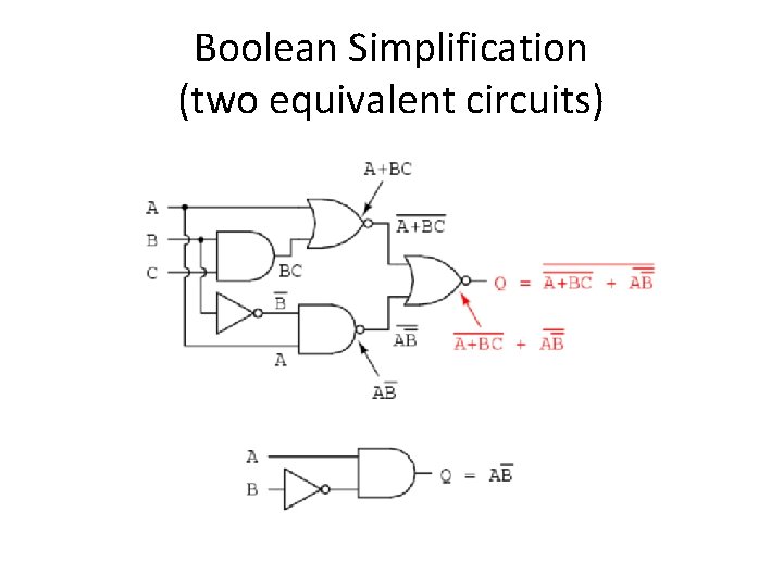 Boolean Simplification (two equivalent circuits) Boolean Simplification (two equivalent circuits)