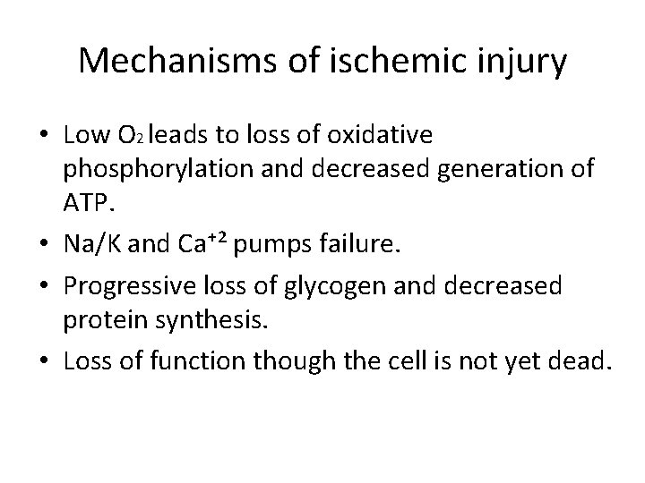 Mechanisms of ischemic injury • Low O 2 leads to loss of oxidative phosphorylation