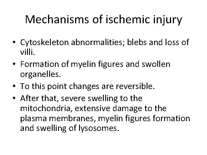 Mechanisms of ischemic injury • Cytoskeleton abnormalities; blebs and loss of villi. • Formation