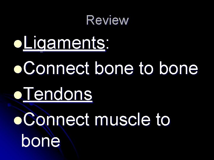 Review l. Ligaments: l. Connect bone to bone l. Tendons l. Connect bone muscle