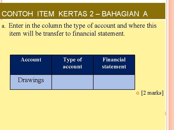 CONTOH ITEM KERTAS 2 – BAHAGIAN A a. Enter in the column the type