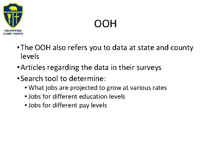 OOH • The OOH also refers you to data at state and county levels