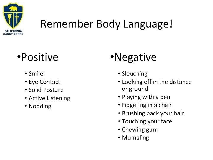 Remember Body Language! • Positive • Smile • Eye Contact • Solid Posture •